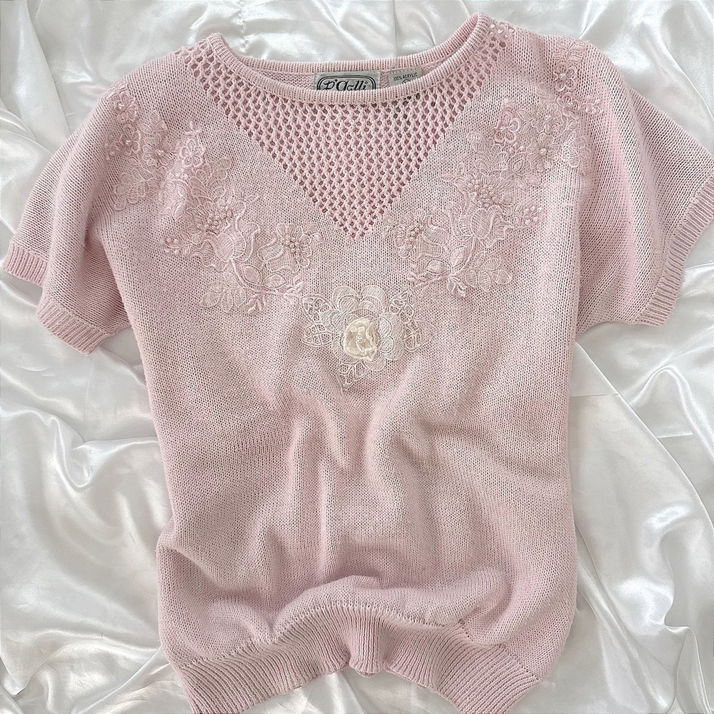 Vintage P Galli Designs Pink Floral Lace Pearl Knit Short Sleeve Sweater Medium